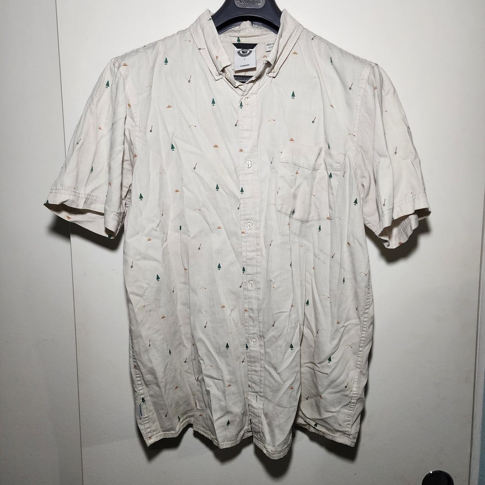 Element Smokey Bear Mens Large Beige Short Sleeve Button Down Shirt Nature Print